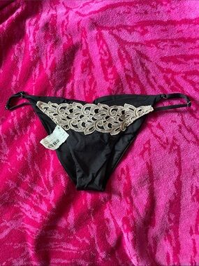 Black Bikini Bottom with Gold Lace Accent